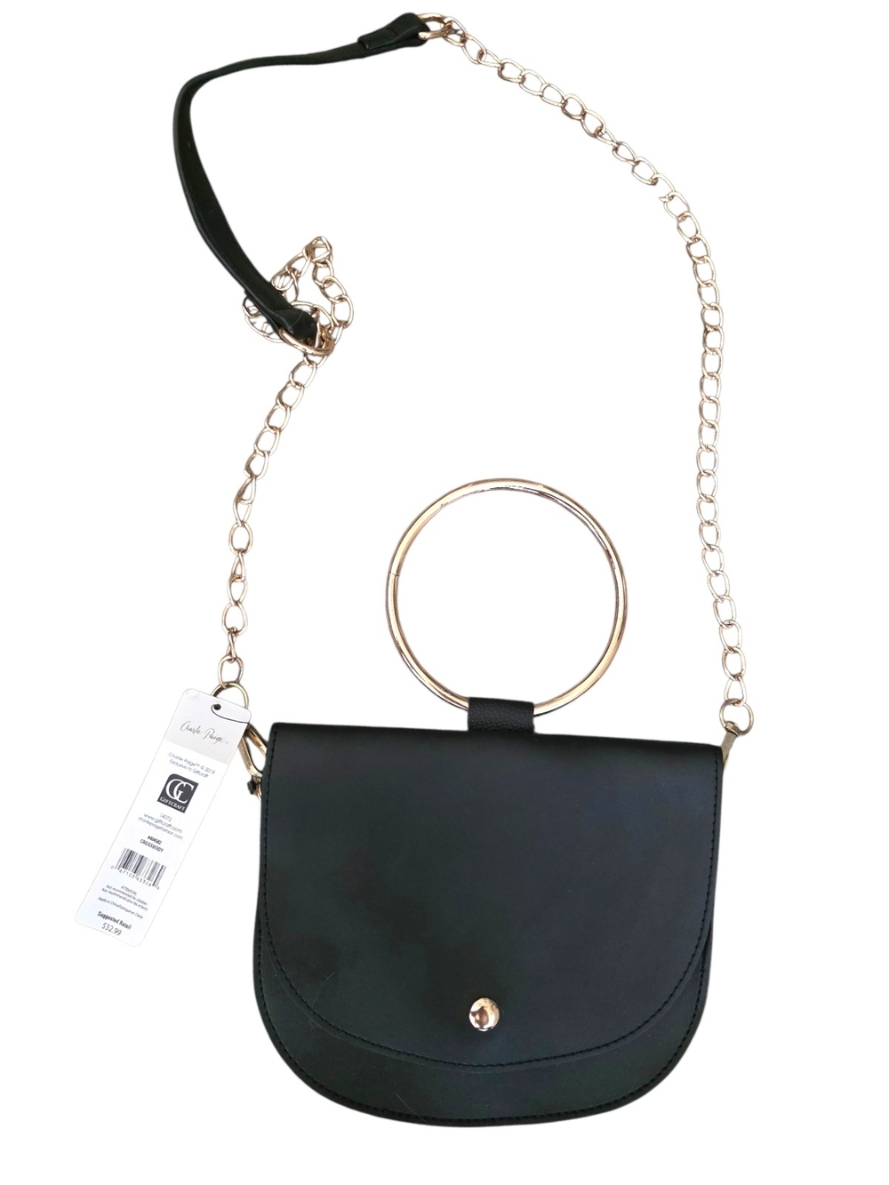 Charlie Paige NWT Black Ring Handle Crossbody Bag Gold Chain Minimalist Purse